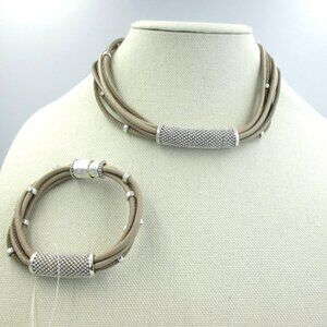 White House Black Market Silvertone Leather Collar Necklace & Bracelet NEW $129